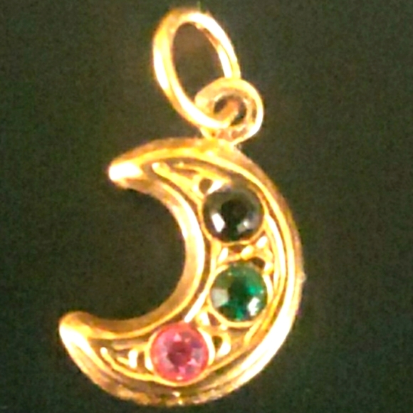 Gold Tone With Multi Color Gemstone Moon Necklace Pendant. - Picture 1 of 3